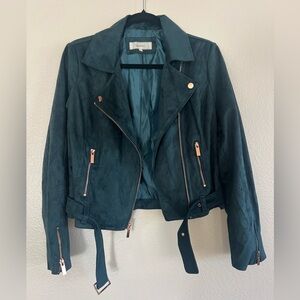 Wildflower Dark Teal Faux Suede Motorcycle Jacket W/ Rose Gold Hardware